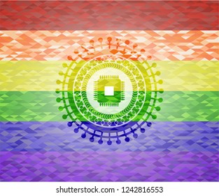 microchip, microprocessor icon inside lgbt colors emblem 