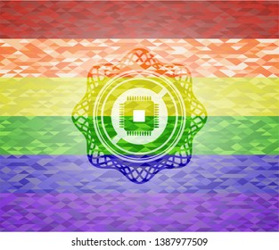 microchip, microprocessor icon inside lgbt colors emblem 