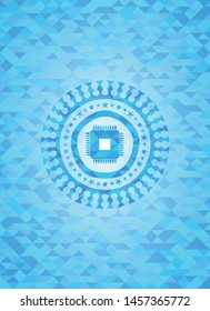 microchip, microprocessor icon inside light blue mosaic emblem