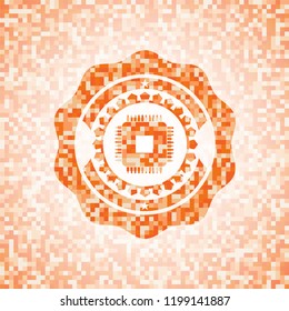  microchip, microprocessor icon inside orange mosaic emblem