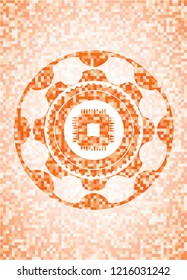 microchip, microprocessor icon inside orange tile background illustration. Square geometric mosaic seamless pattern with emblem inside.
