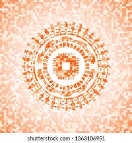 microchip, microprocessor icon inside orange mosaic emblem with background