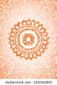 microchip, microprocessor icon inside orange tile background illustration. Square geometric mosaic seamless pattern with emblem inside.