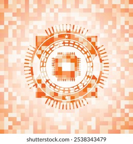 microchip, microprocessor icon inside orange mosaic emblem with background. 