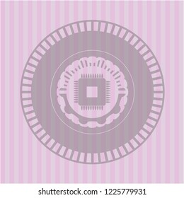 microchip, microprocessor icon inside pink icon or emblem