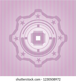 microchip, microprocessor icon inside pink emblem. Retro