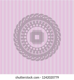 microchip, microprocessor icon inside pink emblem