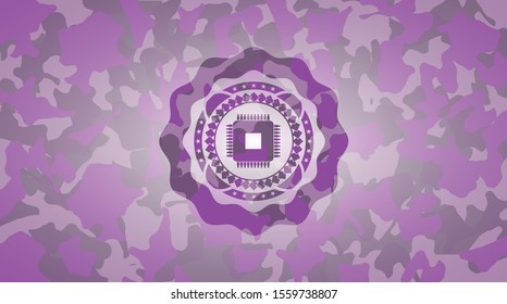 microchip, microprocessor icon inside pink and purple camouflage emblem