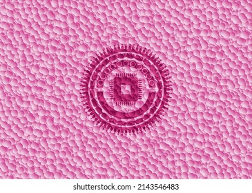 microchip, microprocessor icon inside pink emblem with bubbles background. Vintage. Vector Illustration. Detailed. 