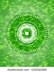 microchip, microprocessor icon inside realistic green emblem. Mosaic background