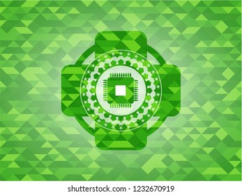 microchip, microprocessor icon inside realistic green emblem. Mosaic background
