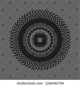 microchip, microprocessor icon inside realistic dark emblem