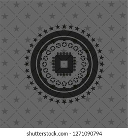 microchip, microprocessor icon inside realistic black emblem