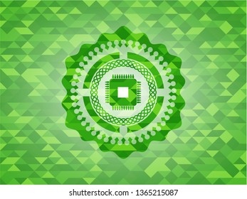 microchip, microprocessor icon inside realistic green emblem. Mosaic background