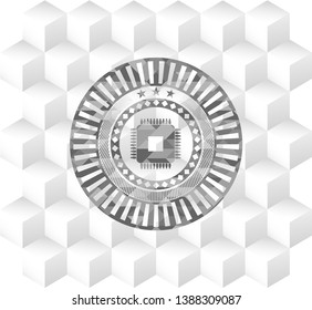 microchip, microprocessor icon inside realistic grey emblem with cube white background