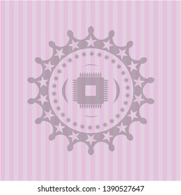 microchip, microprocessor icon inside realistic pink emblem