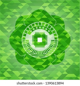 microchip, microprocessor icon inside realistic green mosaic emblem