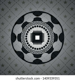 microchip, microprocessor icon inside realistic black emblem