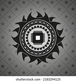 microchip, microprocessor icon inside realistic dark emblem. 