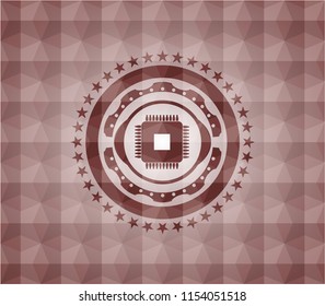 microchip, microprocessor icon inside red emblem or badge with abstract geometric polygonal pattern background. Seamless.