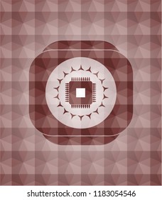 microchip, microprocessor icon inside red seamless polygonal badge.