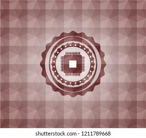 microchip, microprocessor icon inside red seamless badge with geometric pattern background.