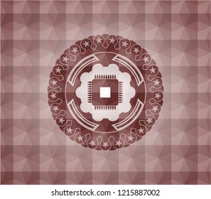 microchip, microprocessor icon inside red seamless geometric emblem.