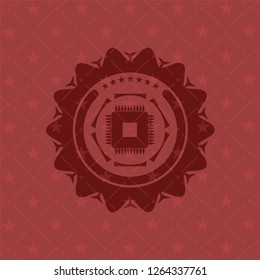 microchip, microprocessor icon inside red emblem