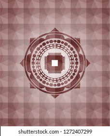 microchip, microprocessor icon inside red badge with geometric background. Seamless.