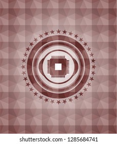 microchip, microprocessor icon inside red seamless badge with geometric pattern.