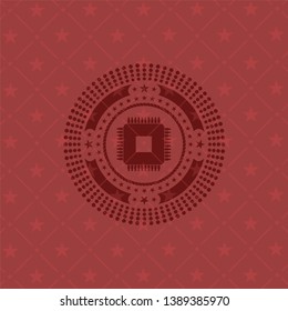 microchip, microprocessor icon inside red emblem. Vintage.