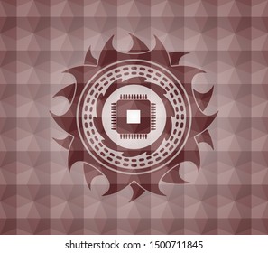 microchip, microprocessor icon inside red seamless emblem with geometric pattern.