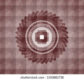 microchip, microprocessor icon inside red emblem or badge with abstract geometric polygonal pattern background. Seamless.