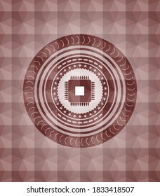 microchip, microprocessor icon inside red seamless polygonal badge. 