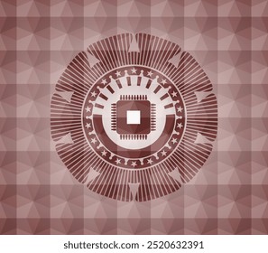 microchip, microprocessor icon inside red geometric badge. Seamless. 