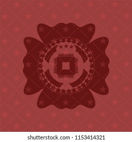 microchip, microprocessor icon inside retro style red emblem