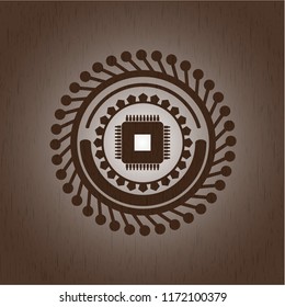microchip, microprocessor icon inside retro wood emblem