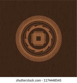 microchip, microprocessor icon inside retro wooden emblem
