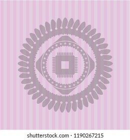 microchip, microprocessor icon inside retro pink emblem