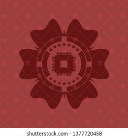 microchip, microprocessor icon inside retro style red emblem
