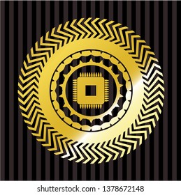 microchip, microprocessor icon inside shiny emblem