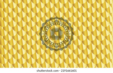 microchip, microprocessor icon inside shiny golden emblem. Scales pattern. Vector Illustration. Detailed. 