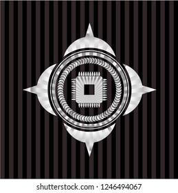 microchip, microprocessor icon inside silver emblem