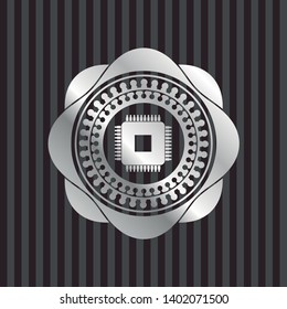microchip, microprocessor icon inside silver shiny badge
