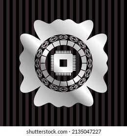 microchip, microprocessor icon inside silver badge. 