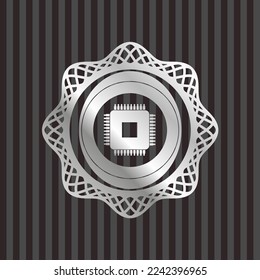 microchip, microprocessor icon inside silver badge. 