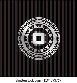 microchip, microprocessor icon inside silvery shiny badge