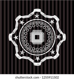 microchip, microprocessor icon inside silvery badge