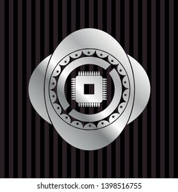 microchip, microprocessor icon inside silvery badge