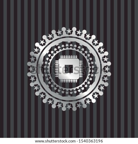 microchip, microprocessor icon inside silvery badge